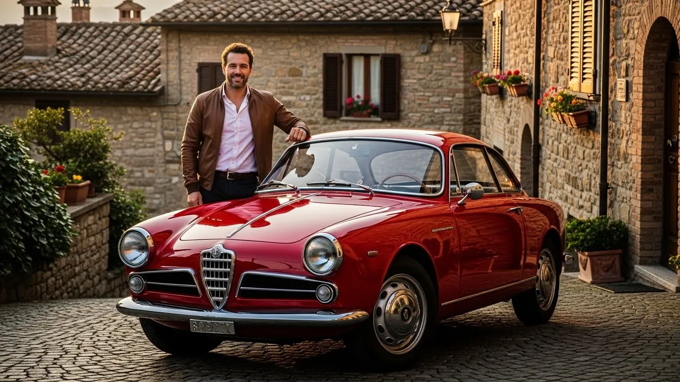 Photo: Customer standing beside the 1961 Alfa Romeo Giulietta Sprint Speciale